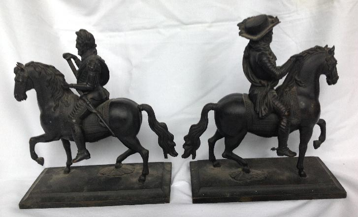 pair of antique 1800's bronze horse men figures possibly Dick Turpin and Don Quixote